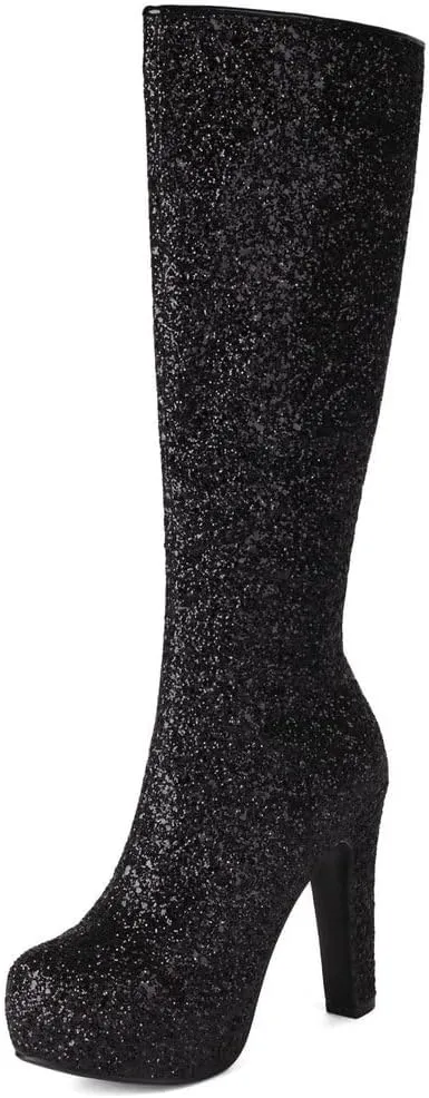 KOKOMOMO Sparkly Glitter Knee High Platform Boots Sequin Chunky Knee High Heeled Boots With Zip Up Wedding Party Shoes