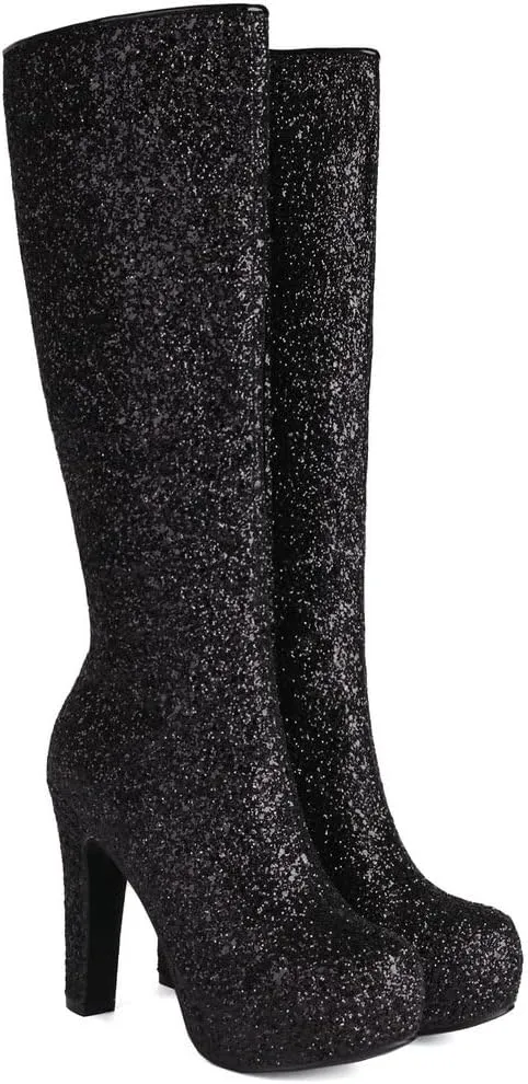 KOKOMOMO Sparkly Glitter Knee High Platform Boots Sequin Chunky Knee High Heeled Boots With Zip Up Wedding Party Shoes