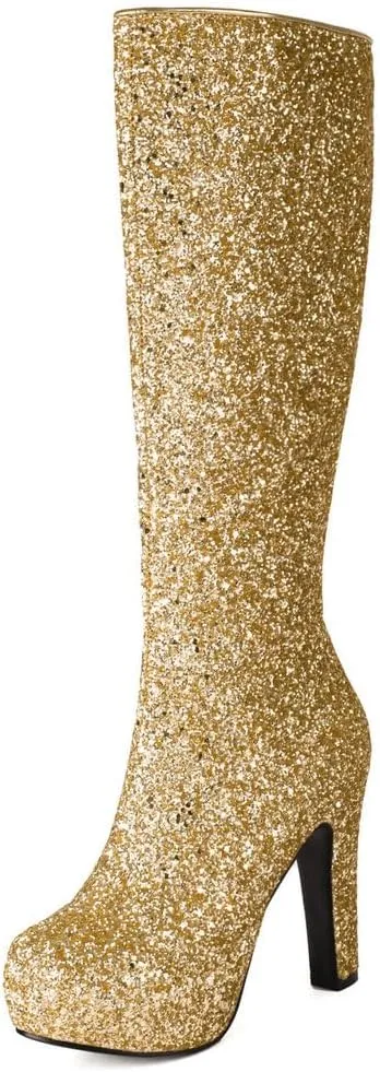 KOKOMOMO Sparkly Glitter Knee High Platform Boots Sequin Chunky Knee High Heeled Boots With Zip Up Wedding Party Shoes