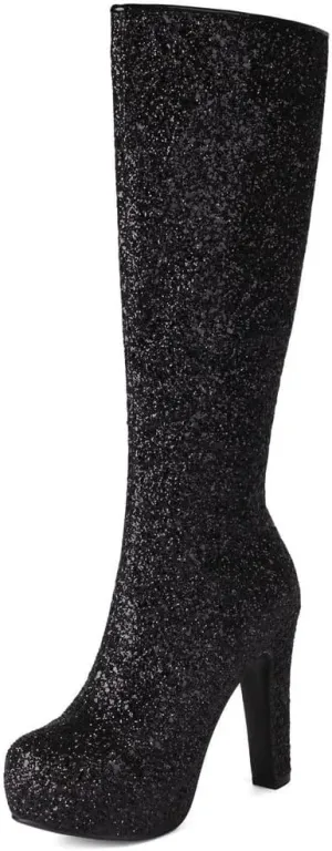 KOKOMOMO Sparkly Glitter Knee High Platform Boots Sequin Chunky Knee High Heeled Boots With Zip Up Wedding Party Shoes
