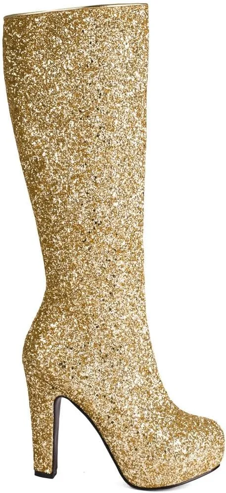 KOKOMOMO Sparkly Glitter Knee High Platform Boots Sequin Chunky Knee High Heeled Boots With Zip Up Wedding Party Shoes