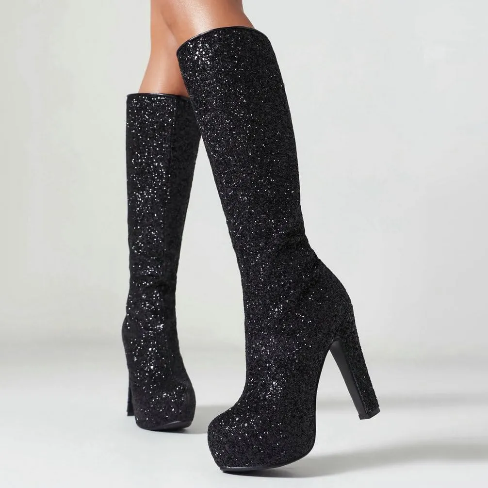 KOKOMOMO Sparkly Glitter Knee High Platform Boots Sequin Chunky Knee High Heeled Boots With Zip Up Wedding Party Shoes