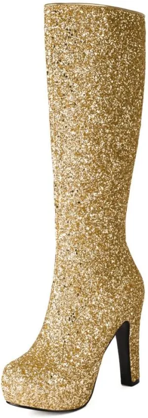 KOKOMOMO Sparkly Glitter Knee High Platform Boots Sequin Chunky Knee High Heeled Boots With Zip Up Wedding Party Shoes