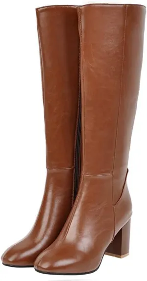 KOKOMOMO Womens Square Toe Heeled Zip Up Knee High Chunky Heel Boots