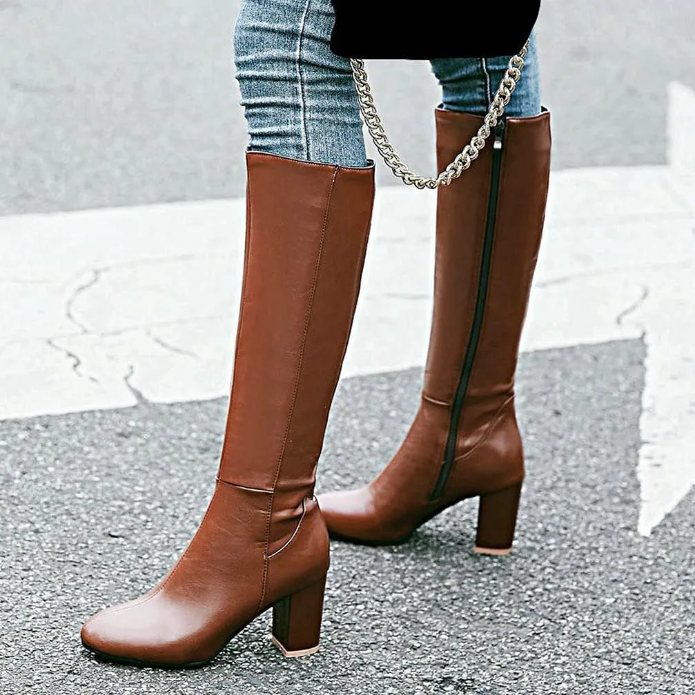 KOKOMOMO Womens Square Toe Heeled Zip Up Knee High Chunky Heel Boots