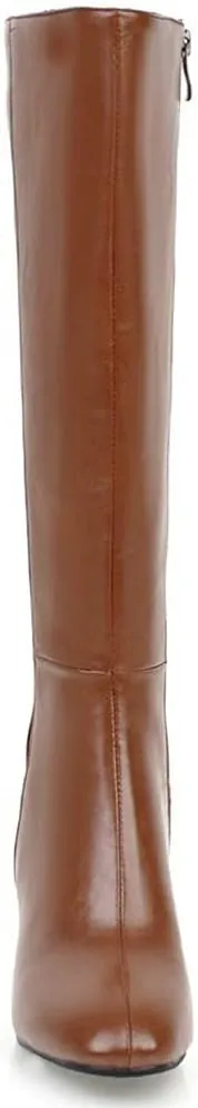 KOKOMOMO Womens Square Toe Heeled Zip Up Knee High Chunky Heel Boots