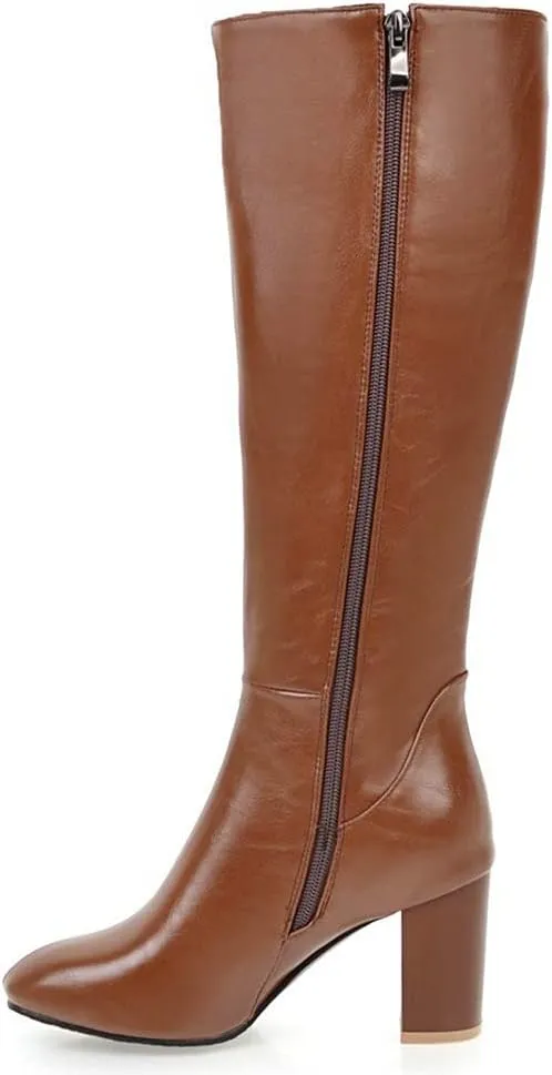 KOKOMOMO Womens Square Toe Heeled Zip Up Knee High Chunky Heel Boots