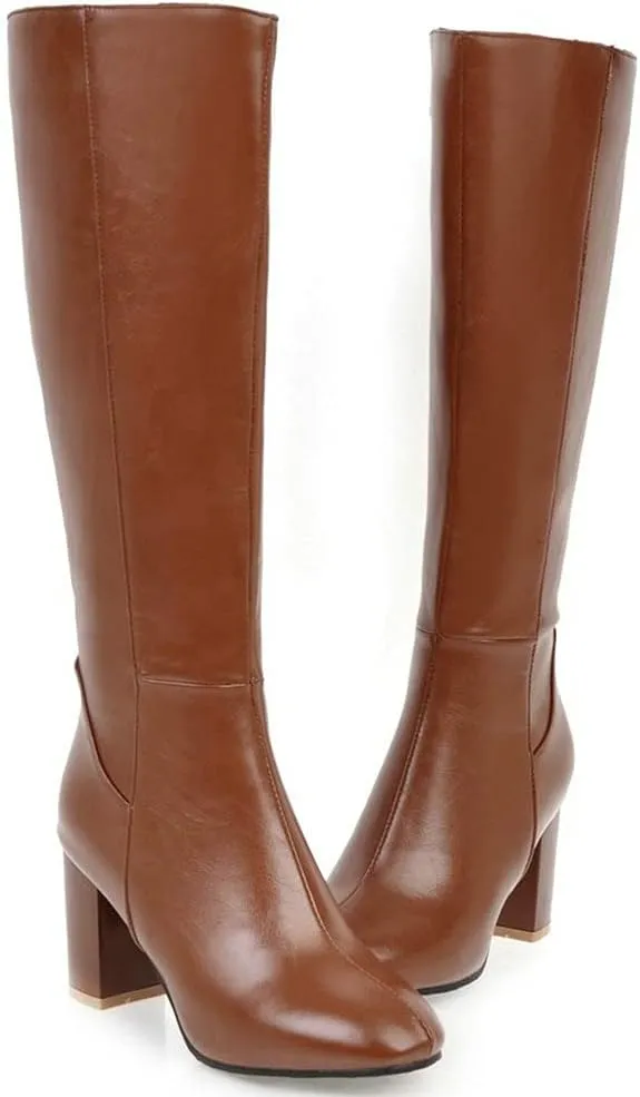 KOKOMOMO Womens Square Toe Heeled Zip Up Knee High Chunky Heel Boots