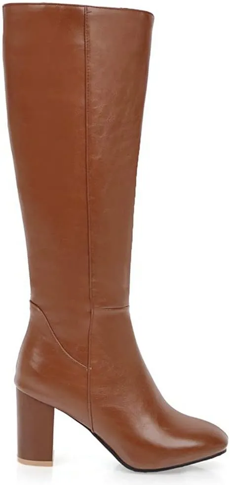 KOKOMOMO Womens Square Toe Heeled Zip Up Knee High Chunky Heel Boots