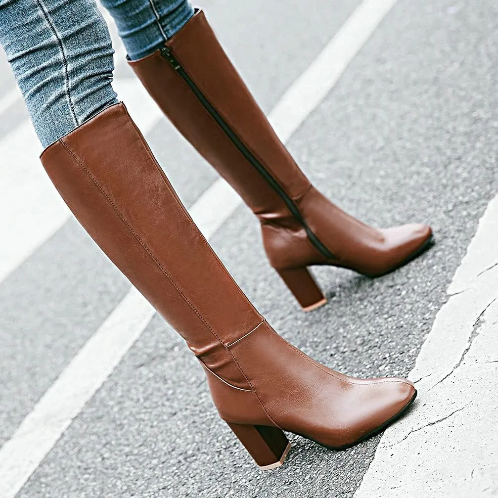 KOKOMOMO Womens Square Toe Heeled Zip Up Knee High Chunky Heel Boots