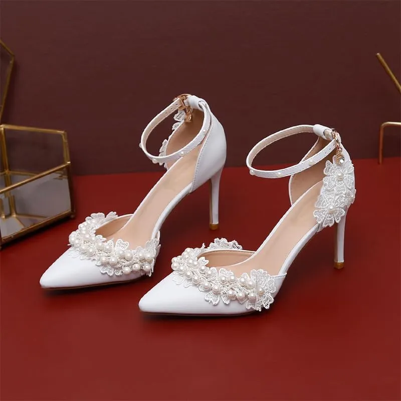 Lace Pearl Decoration Ladies High Heels Whit Wedding Shoes Women's