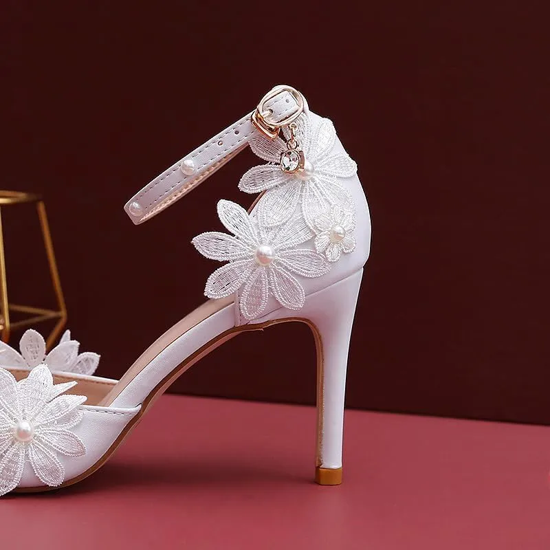 Lace Pearl Decoration Ladies High Heels Whit Wedding Shoes Women's