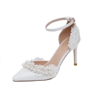 Lace Pearl Decoration Ladies High Heels Whit Wedding Shoes Women's