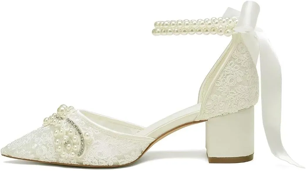 Lace Pearl Wedding Shoes for Bride Block Heel Bridal Shoes Closed Toe Wedding Heels