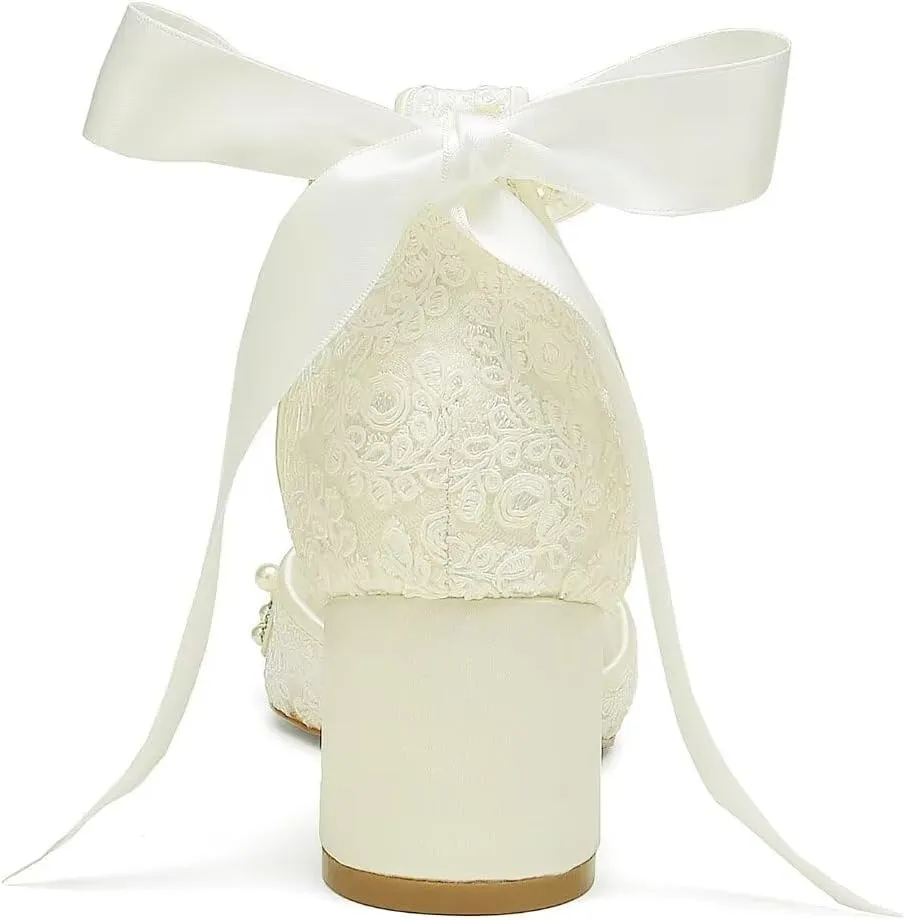 Lace Pearl Wedding Shoes for Bride Block Heel Bridal Shoes Closed Toe Wedding Heels
