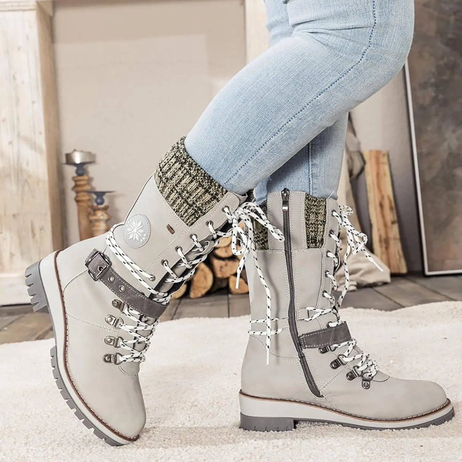 Lace Up Mid Calf Snow Boots for Women Square Heel Belt Boots Fleece Lined Warm Boots Flat Boots for Women