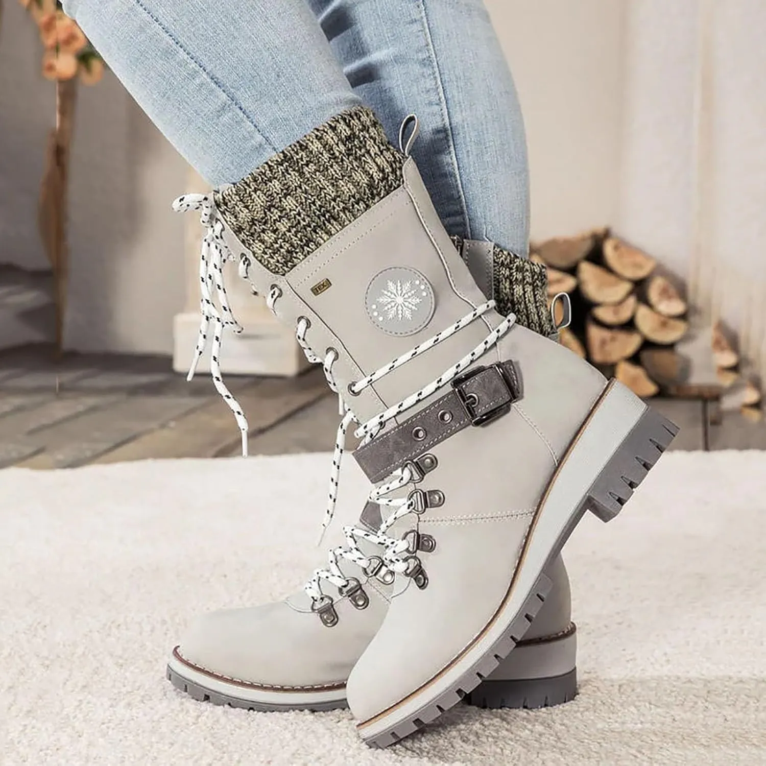 Lace Up Mid Calf Snow Boots for Women Square Heel Belt Boots Fleece Lined Warm Boots Flat Boots for Women