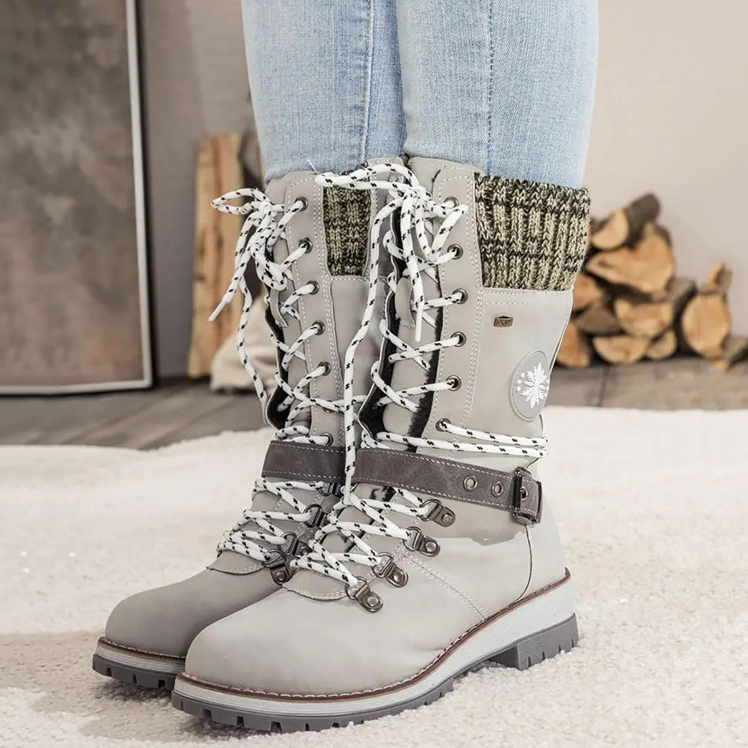 Lace Up Mid Calf Snow Boots for Women Square Heel Belt Boots Fleece Lined Warm Boots Flat Boots for Women