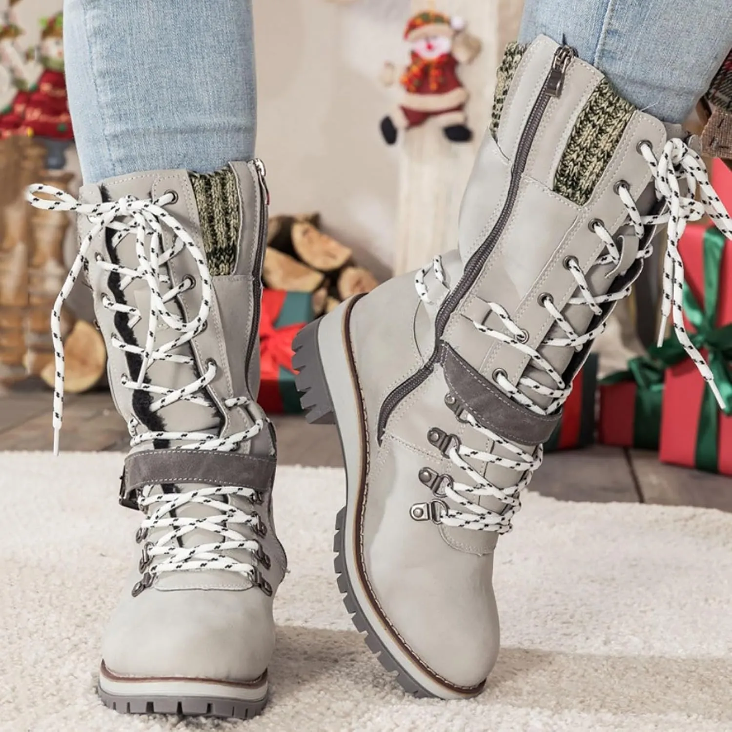 Lace Up Mid Calf Snow Boots for Women Square Heel Belt Boots Fleece Lined Warm Boots Flat Boots for Women