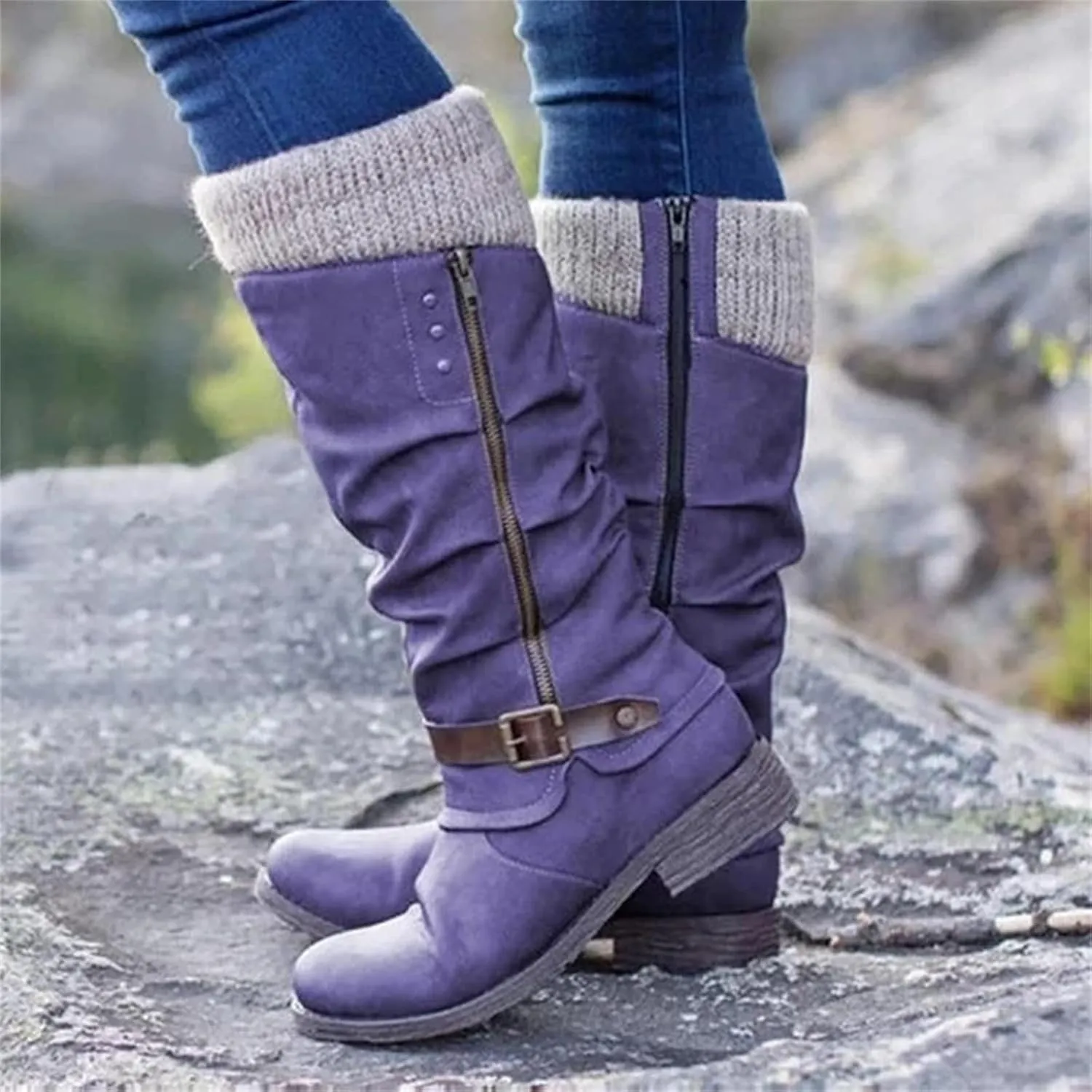 Ladmiple Boots For Women 2024 Low Heel Mid Calf Dress Biker Boots Side Zipper Motorcycle Combat Riding Military Ankle Booties
