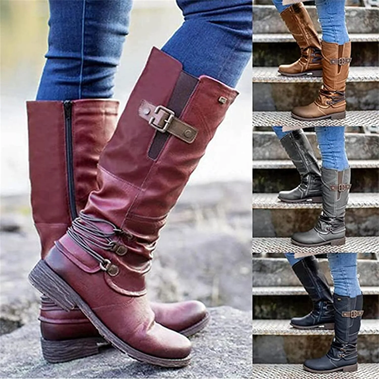 Ladmiple Boots For Women Ankle Booties Low Heel Combat Boots Side Zipper Mid Calf Motorcycle Riding Military Biker Boots