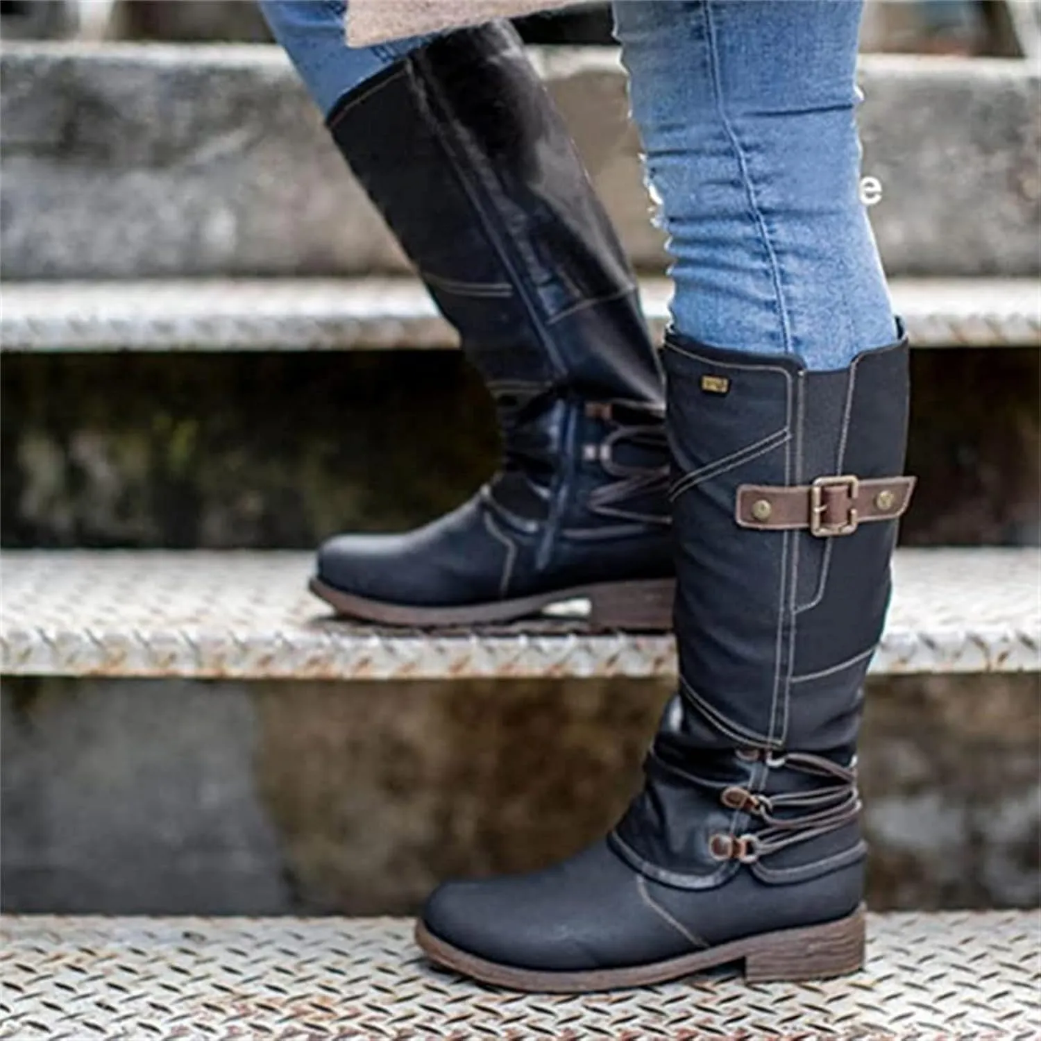 Ladmiple Boots For Women Ankle Booties Low Heel Combat Boots Side Zipper Mid Calf Motorcycle Riding Military Biker Boots