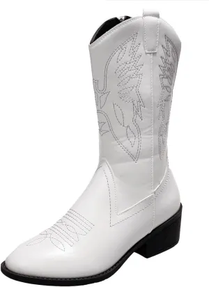 Ladmiple Cowboy Boots For Women Mid Calf Wide Width Wide Calf Knee High Cowgirl Boots Embroidery Fashion Boot Pull On