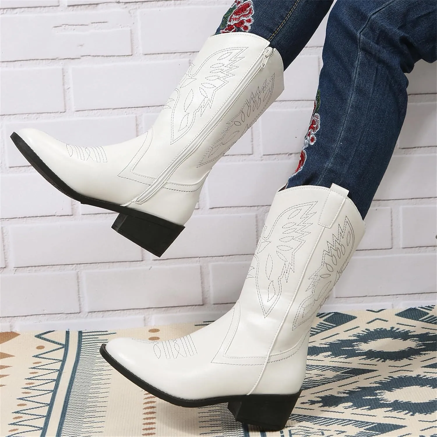 Ladmiple Cowboy Boots For Women Mid Calf Wide Width Wide Calf Knee High Cowgirl Boots Embroidery Fashion Boot Pull On