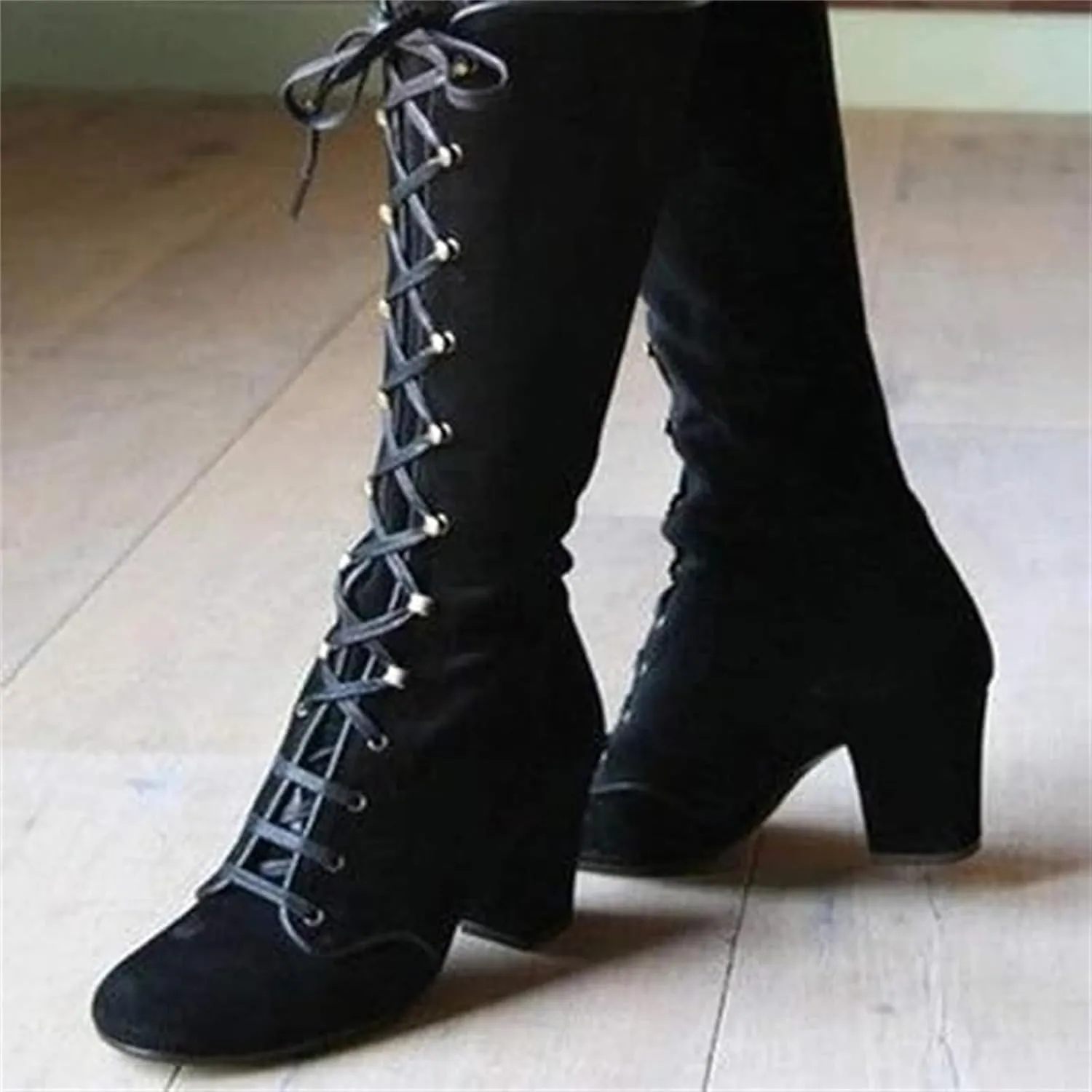 Ladmiple Fall Boots Women Knee High Wide Calf Chunky Stacked Low Block Heels Lace Up Classic Vintage Sexy Dress Shoes