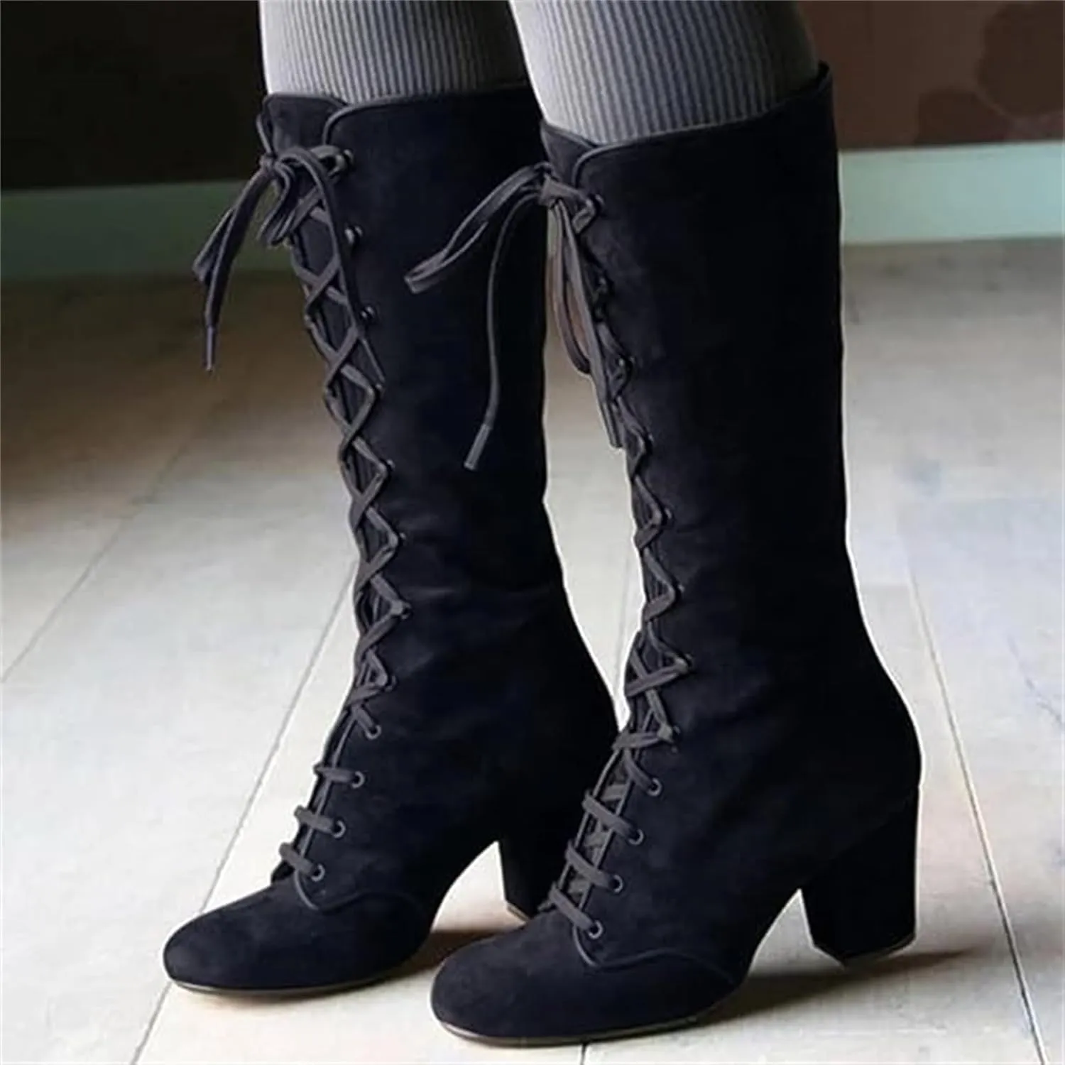Ladmiple Fall Boots Women Knee High Wide Calf Chunky Stacked Low Block Heels Lace Up Classic Vintage Sexy Dress Shoes