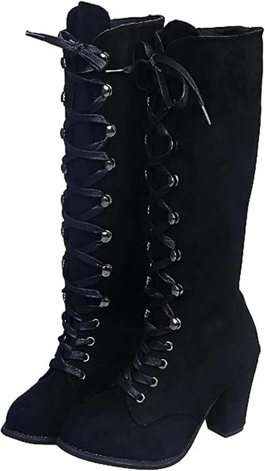 Ladmiple Fall Boots Women Knee High Wide Calf Chunky Stacked Low Block Heels Lace Up Classic Vintage Sexy Dress Shoes