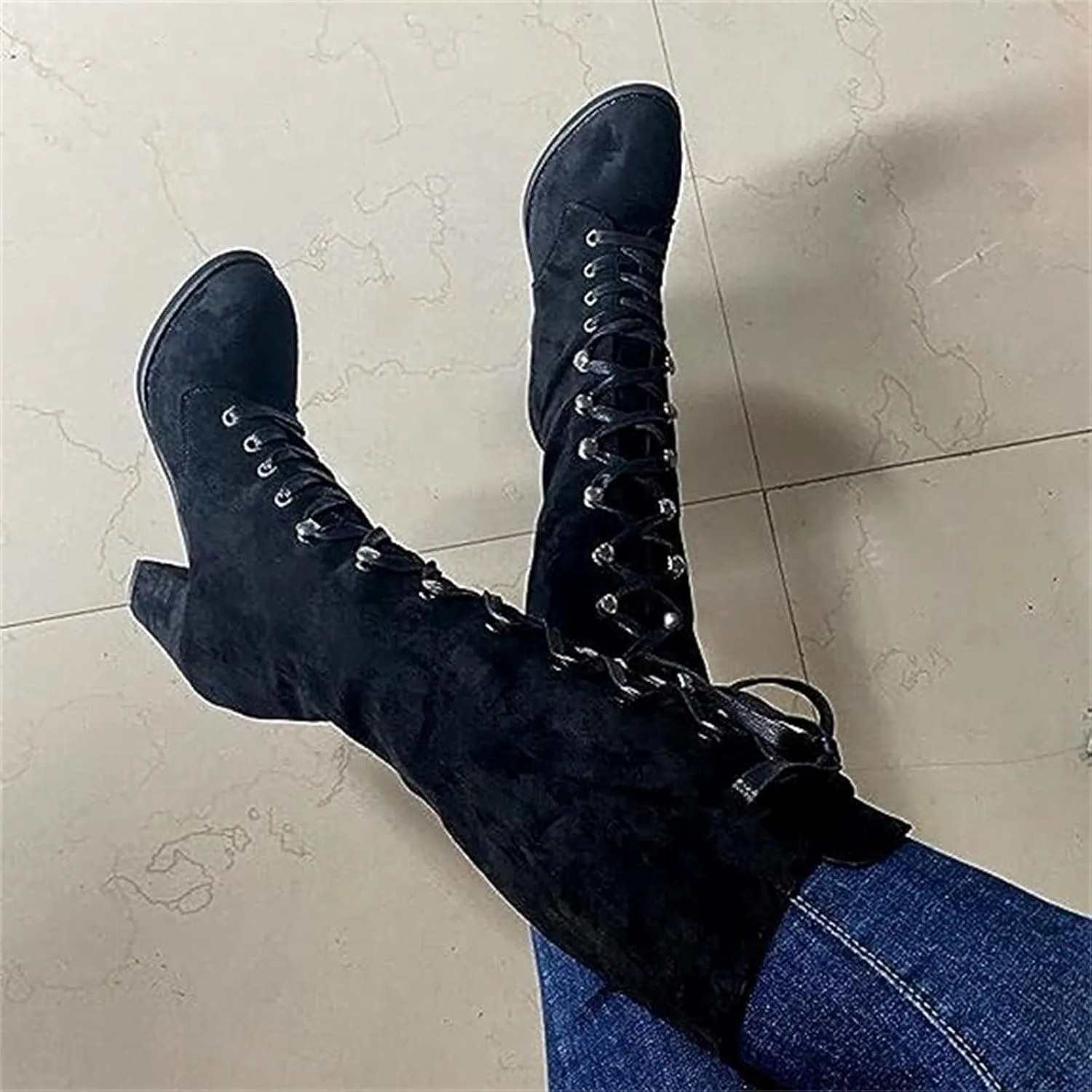 Ladmiple Fall Boots Women Knee High Wide Calf Chunky Stacked Low Block Heels Lace Up Classic Vintage Sexy Dress Shoes
