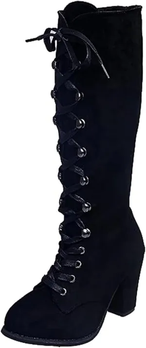 Ladmiple Fall Boots Women Knee High Wide Calf Chunky Stacked Low Block Heels Lace Up Classic Vintage Sexy Dress Shoes