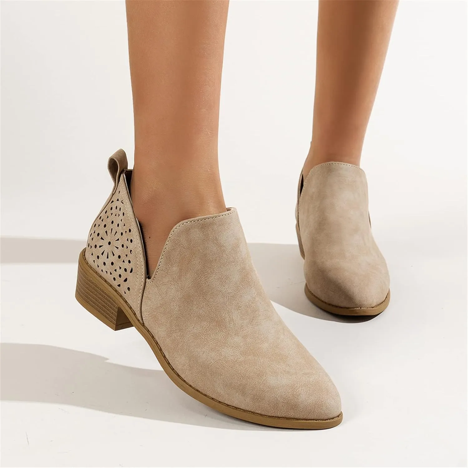 Lausiuoe Boots For Women Ankle Booties Sexy Low Heels V Cutout Chunky Block Casual Dressy Wide Width Slip on Ankle Boots