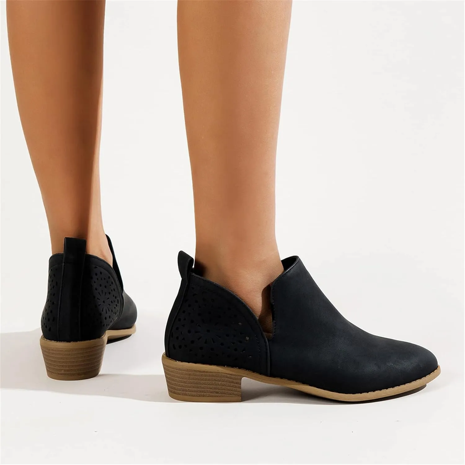 Lausiuoe Boots For Women Ankle Booties Sexy Low Heels V Cutout Chunky Block Casual Dressy Wide Width Slip on Ankle Boots