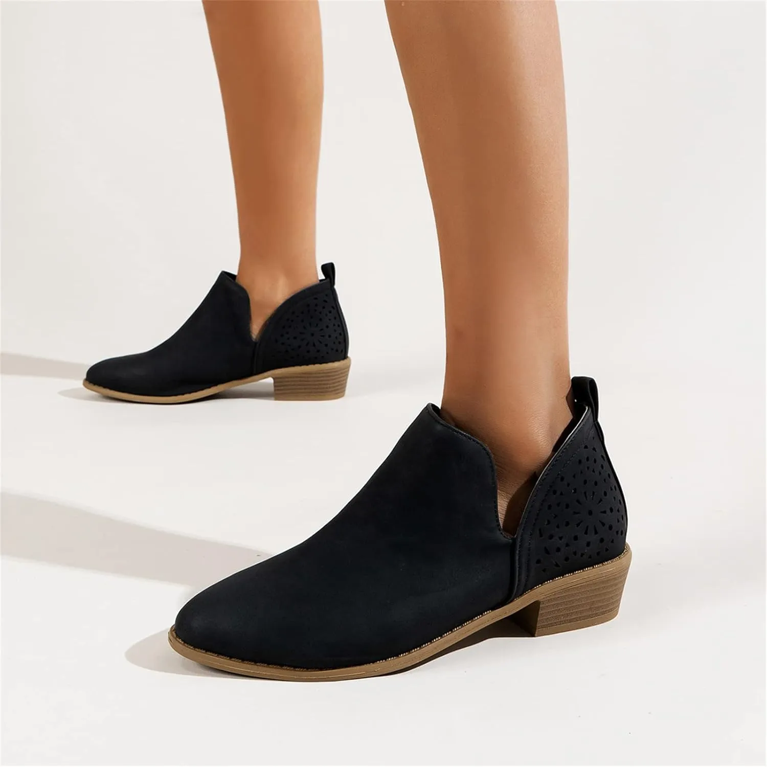 Lausiuoe Boots For Women Ankle Booties Sexy Low Heels V Cutout Chunky Block Casual Dressy Wide Width Slip on Ankle Boots