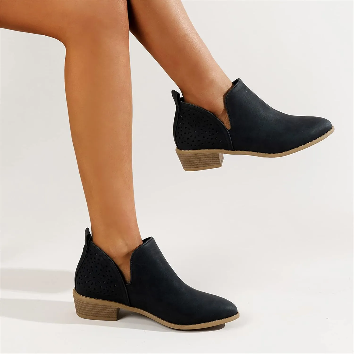 Lausiuoe Boots For Women Ankle Booties Sexy Low Heels V Cutout Chunky Block Casual Dressy Wide Width Slip on Ankle Boots