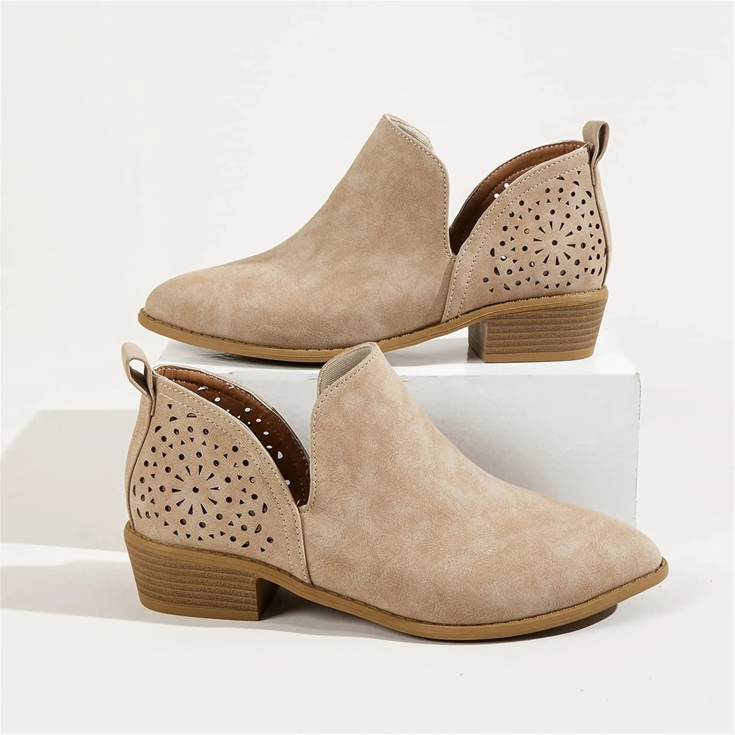 Lausiuoe Boots For Women Ankle Booties Sexy Low Heels V Cutout Chunky Block Casual Dressy Wide Width Slip on Ankle Boots