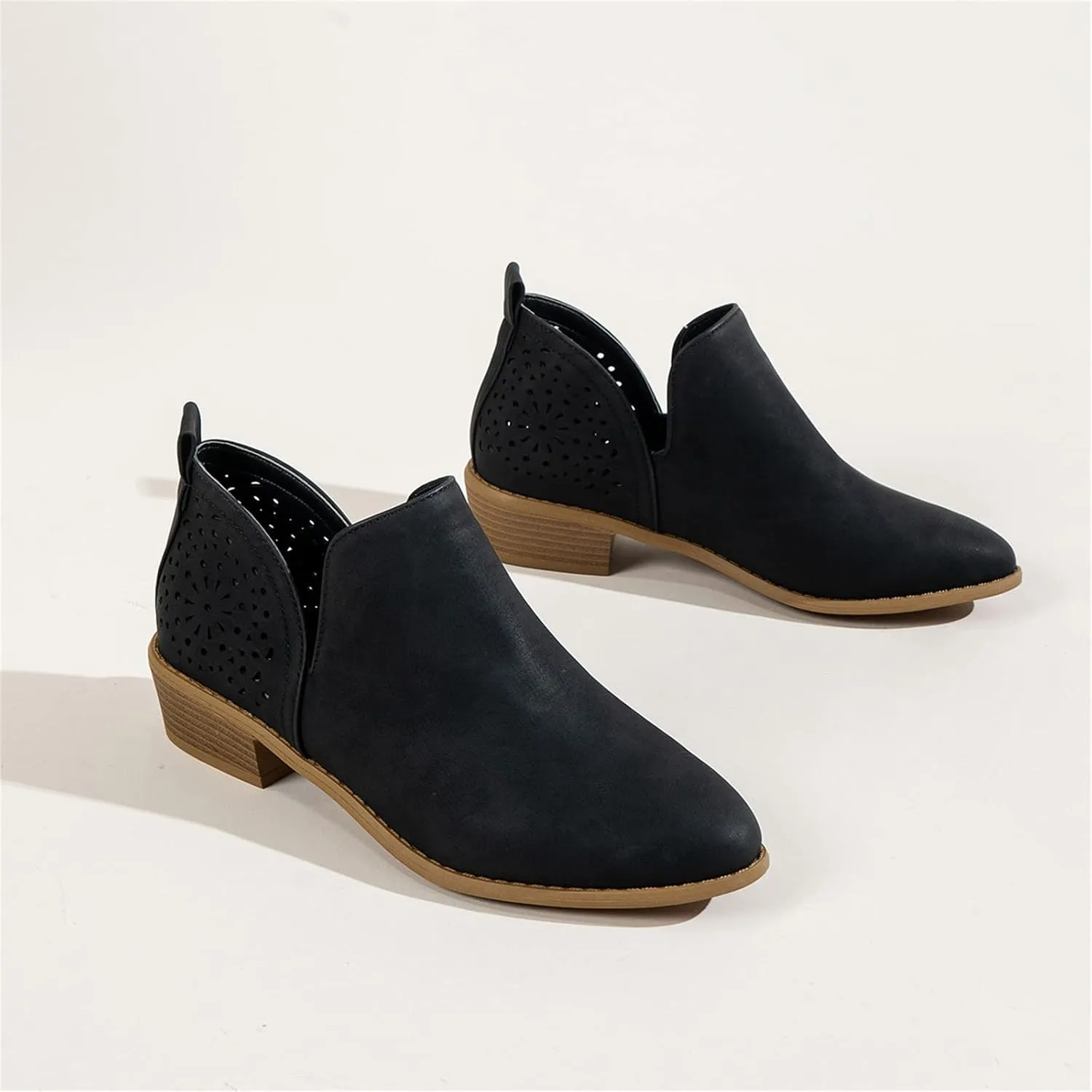 Lausiuoe Boots For Women Ankle Booties Sexy Low Heels V Cutout Chunky Block Casual Dressy Wide Width Slip on Ankle Boots