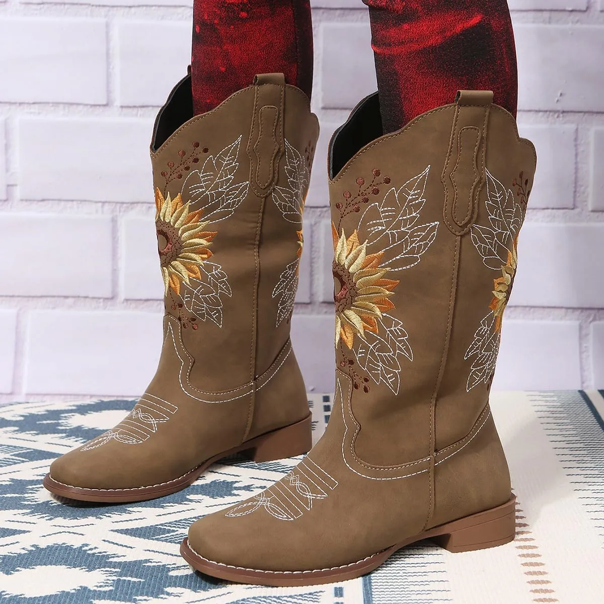 Lausiuoe Cowboy Boots For Women Leather Embroidered Sunflower Western Cowgirl Knee High Wide Calf Fashion Chunky Booties
