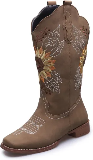 Lausiuoe Cowboy Boots For Women Leather Embroidered Sunflower Western Cowgirl Knee High Wide Calf Fashion Chunky Booties