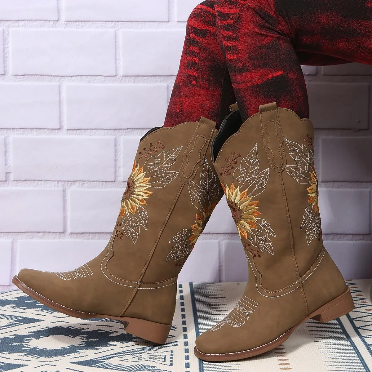 Lausiuoe Cowboy Boots For Women Leather Embroidered Sunflower Western Cowgirl Knee High Wide Calf Fashion Chunky Booties
