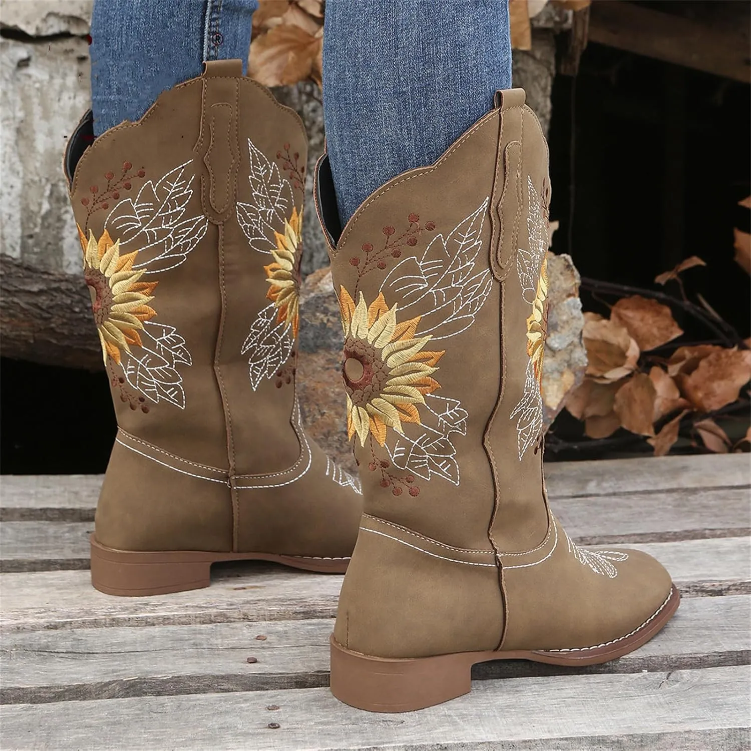 Lausiuoe Cowboy Boots For Women Leather Embroidered Sunflower Western Cowgirl Knee High Wide Calf Fashion Chunky Booties