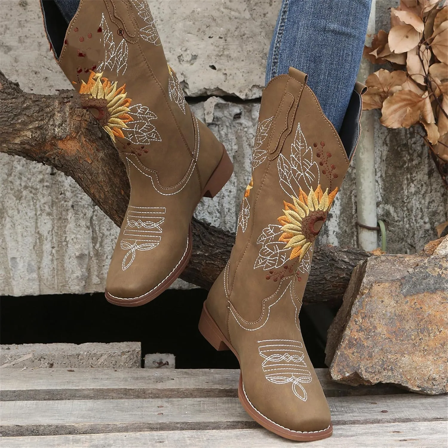 Lausiuoe Cowboy Boots For Women Leather Embroidered Sunflower Western Cowgirl Knee High Wide Calf Fashion Chunky Booties