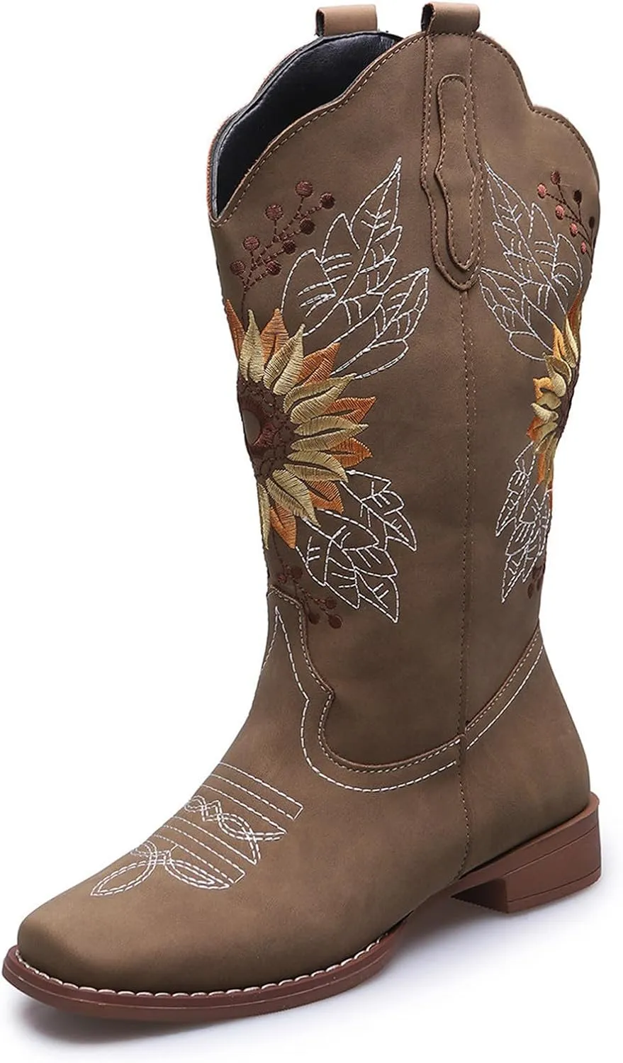 Lausiuoe Cowboy Boots For Women Leather Embroidered Sunflower Western Cowgirl Knee High Wide Calf Fashion Chunky Booties