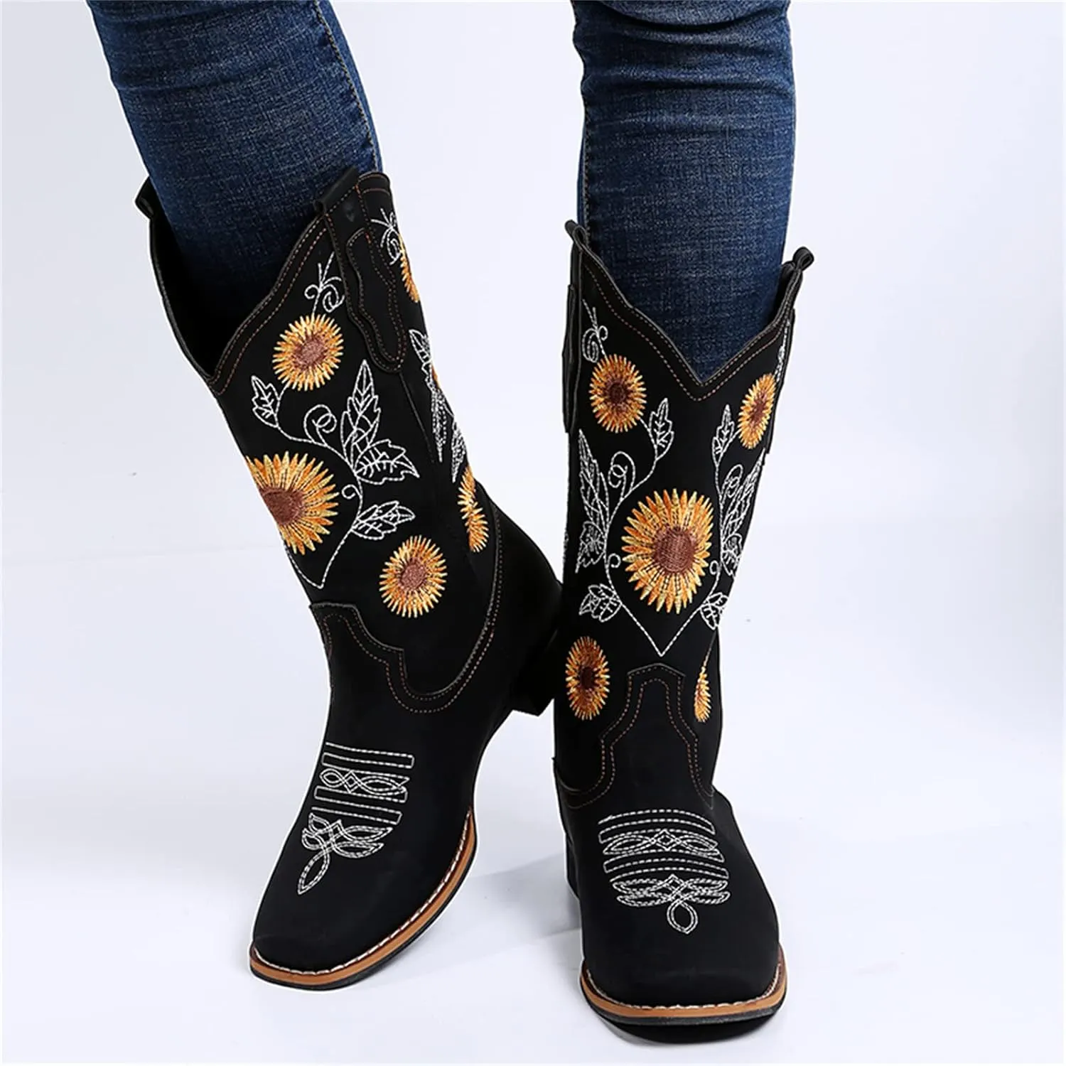 Lausiuoe Cowboy Boots For Women Mid Calf Cowgirl Western Boots Sunflower Embroidered Fashion Retro Classic Chunky Boots