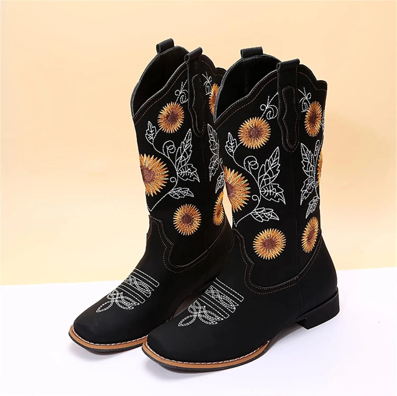 Lausiuoe Cowboy Boots For Women Mid Calf Cowgirl Western Boots Sunflower Embroidered Fashion Retro Classic Chunky Boots