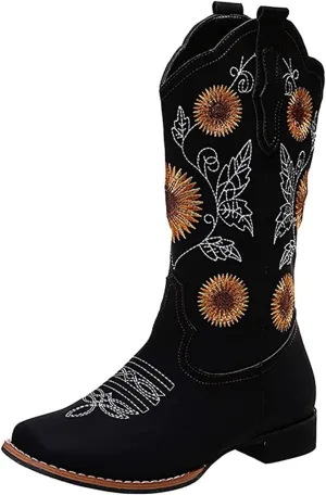 Lausiuoe Cowboy Boots For Women Mid Calf Cowgirl Western Boots Sunflower Embroidered Fashion Retro Classic Chunky Boots