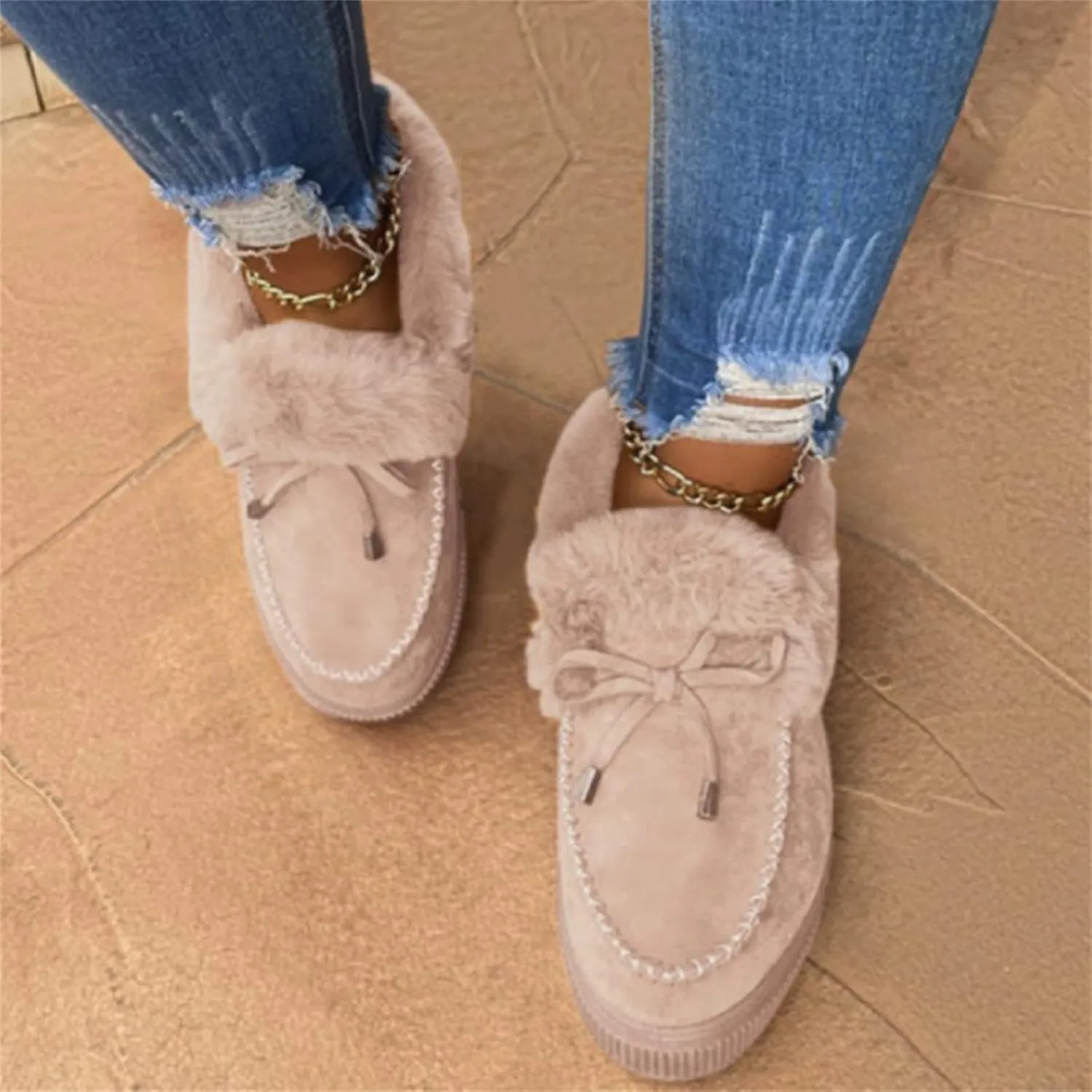 Lausiuoe Womens Winter Boots With Fur Lined Snow Fuzzy Ankle Booties Fashion Slip On Warm House Shoes Loafers Slippers