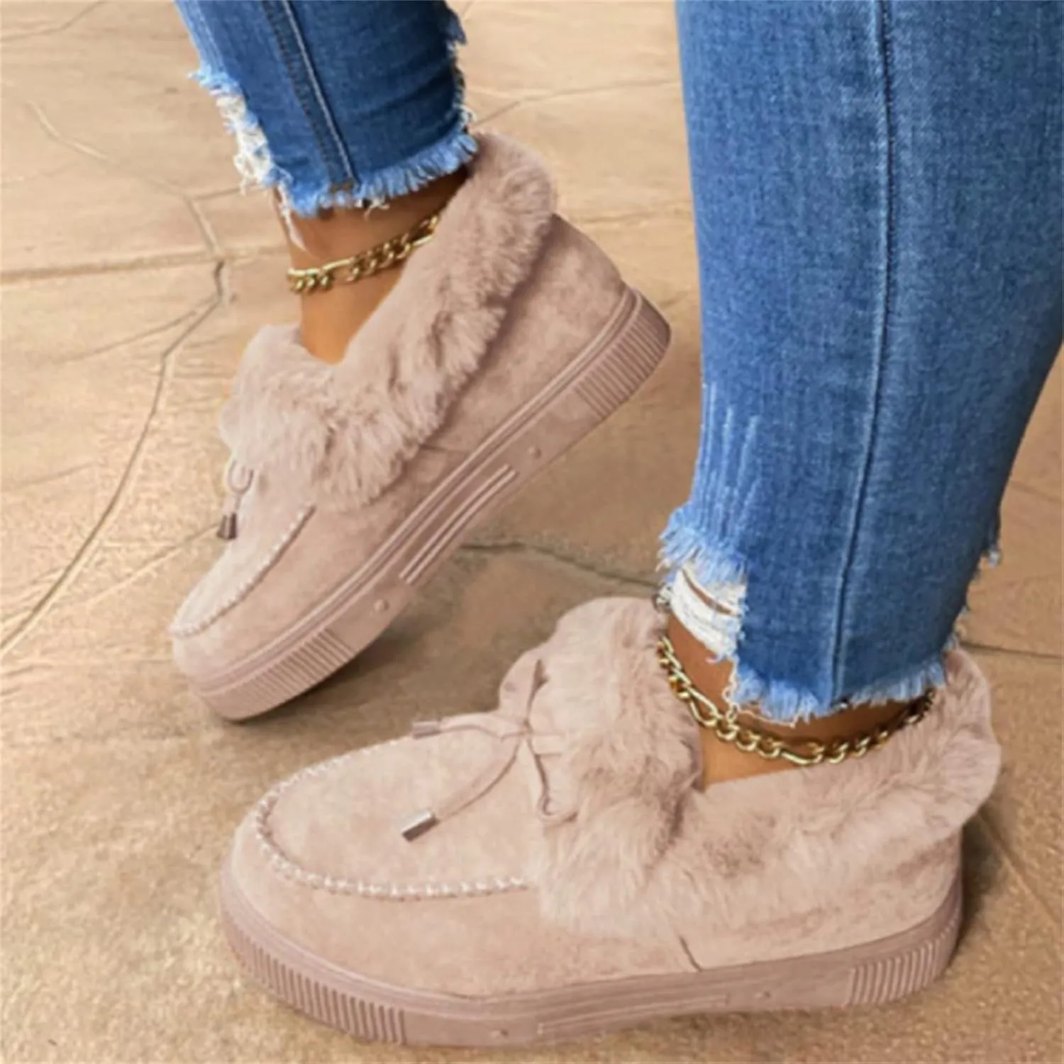 Lausiuoe Womens Winter Boots With Fur Lined Snow Fuzzy Ankle Booties Fashion Slip On Warm House Shoes Loafers Slippers